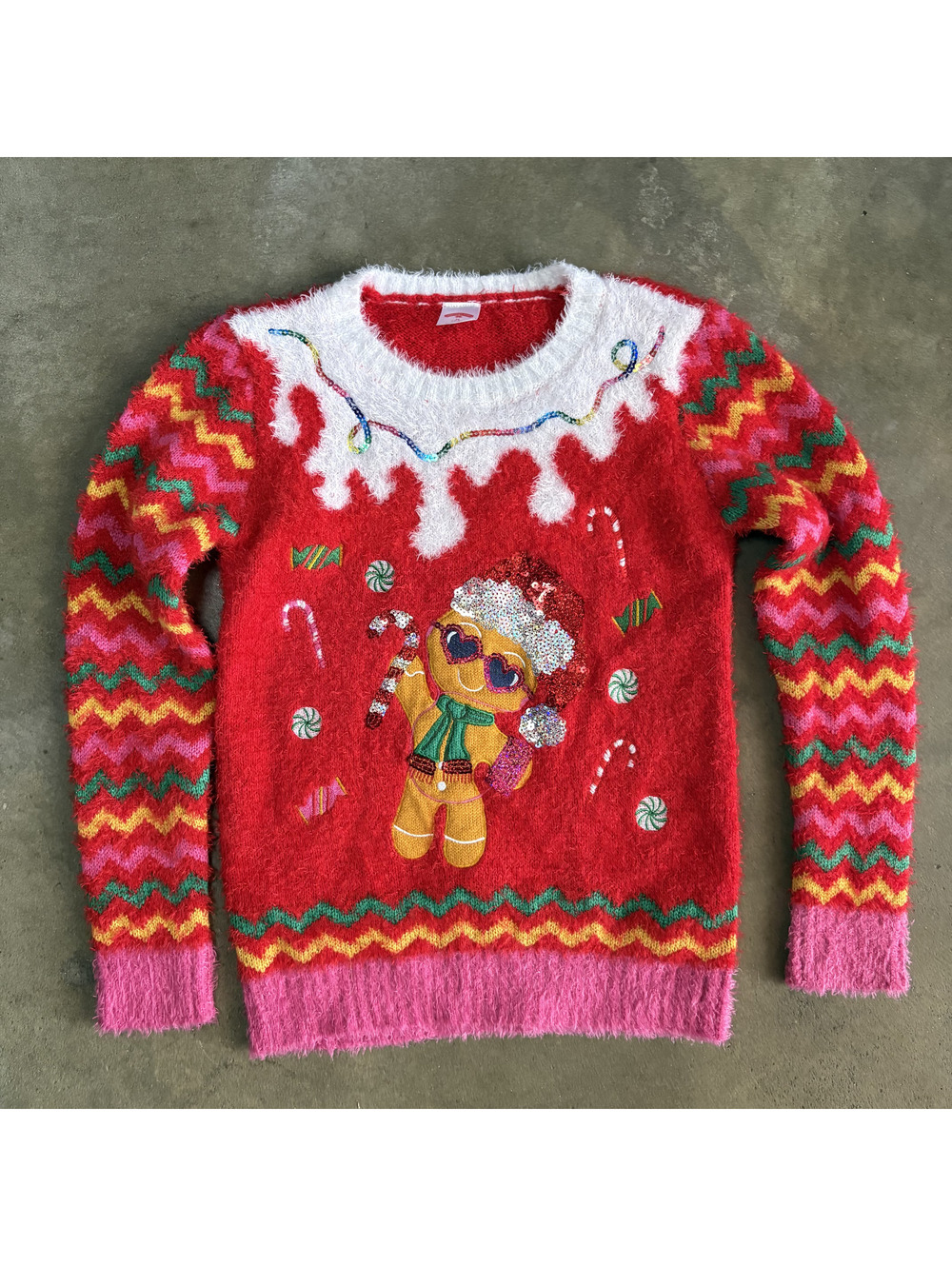 Holiday Time Girls' M (7-8) Sequined Gingerbread Festive Christmas Sweater